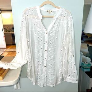 Hope Springs Sheer Embroidered white button up shirt/ cover up. Worn one time!